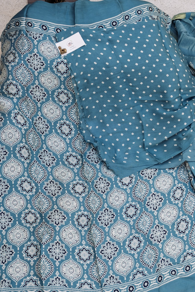 Teal Blue Modal Silk Saree with Dokam Tissue Lakdi Patta Border - Image 2