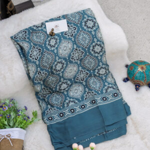 Teal Blue Modal Silk Saree with Dokam Tissue Lakdi Patta Border